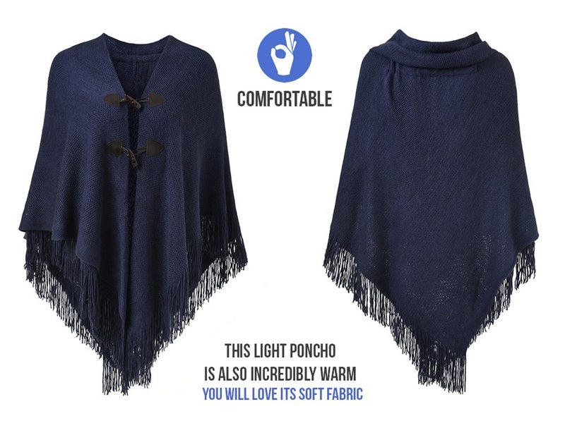 Ferand Shawl Wraps for Women â€“ Toggle Closure, Elegant Fringe Shawl for Travel, Work, or Casual Outfits, Perfect for Fall Layering, Navy blue - Image 3